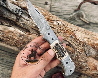 Handmade Damascus Steel Pocket Knife: Stag Horn Handle, Leather Sheath