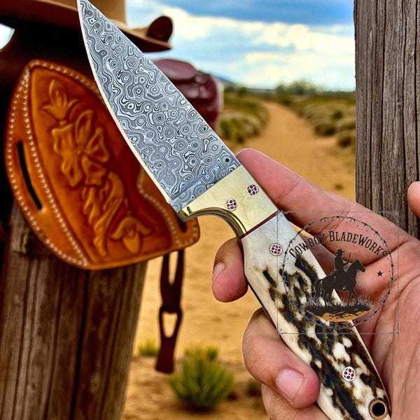 Handmade Damascus Steel Cowboy Knife: Stag Horn Handle, Leather Sheath anniversary gift