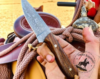 Handmade Damascus Steel Cowboy Knife Rose Wood Handle, Leather Sheath