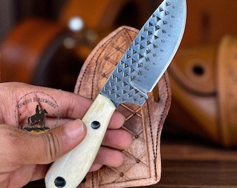 Handmade Rasp Steel Western Knife: Bull Bone Handle & Leather Sheath