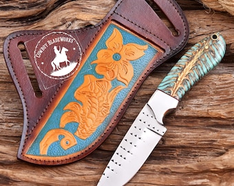Handmade Rasp Steel Cowboy Knife, Pine Cone Handle, Pancake Leather Sheath, Special Occasion Gift