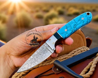 Handmade Cowboy Knife with Turquoise Stone Handle - pancake Leather Sheath