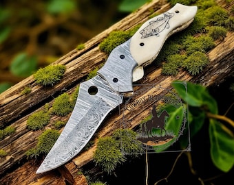 Handmade Damascus Steel Folding Knife: Fish Engraved Bone Handle