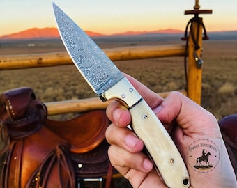 Cowboy Knife: Hand Forged Damascus Steel with Bone Handle -western-leather-sheath