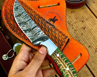 Handmade Damascus Steel Cowboy Knife, Pine Cone Handle, Pancake Leather Sheath, Special Occasion Gift