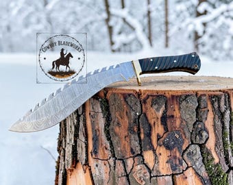 Damascus Steel Kukri Knife, Buffalo Horn Handle, Brass Guard, Leather Sheath