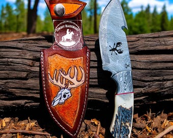 Damascus Gut Hook Skinner Knife : Deer Antler Handle With Engraved Leather Sheath
