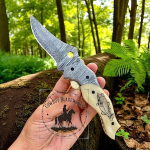 Handmade Damascus Steel Folding Knife: Fish Engraved Bone Handle