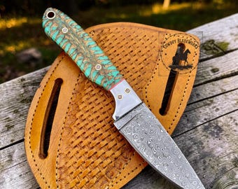 Handmade Damascus Steel Cowboy Knife, Pine Cone Handle, Western Leather Sheath, Hunting Knife, Ranch, Gift for Him