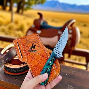 Handmade Cowboy Belt Knife: Green Epoxy Pine Cone Handle, Western Sheath