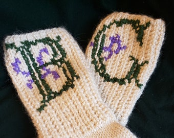 Hand Knit Alpaca Wool Socks; Initials G B; Mother's Day gift; Grandmother Gift; Cozy; Warm; Soft; Spring; Purple; Green; Cream