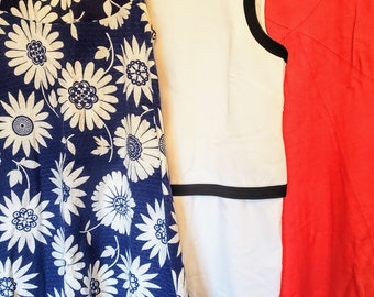 Vintage 1960s Shift Dresses, Red or Blue & White Floral; Great Maternity Dress; July Firecracker Red Fun