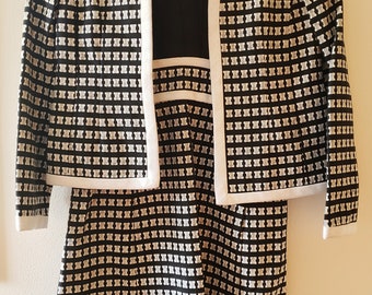 Vintage Black and White Dress Suit; small; 1960s 1970s; Beautiful Fabric