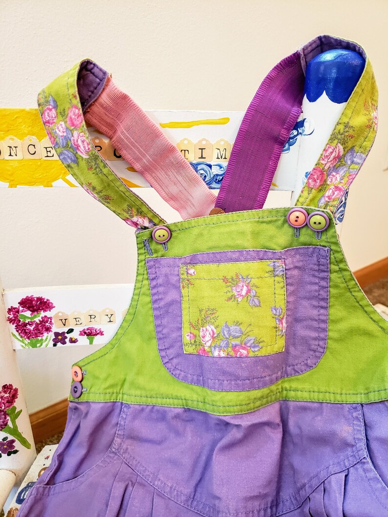 Sweet and Colorful Girls Vintage Overall Shorts Bibs Cottagecore Picnic Perfect Tinkerbell image 1