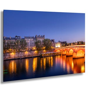 Paris Pont Neuf Bridge Photo at Blue Hour With Reflections on Seine River and Evening Lights France Cityscape Photography Print Wall Art