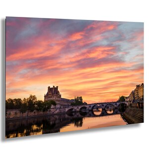 Seine River Sunrise Photo in Paris With Pont Royal Bridge and Rolling Clouds Reflected on Water France Landscape Photography Print Wall Art