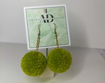 Green Yarn Pom Pom Earrings: Handmade Teacher Poms