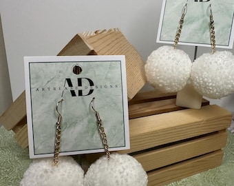 White Pom Pom Earrings: Handmade Gold or Silver Chain