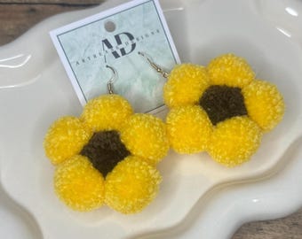 Handmade Sunflower Pom Earrings