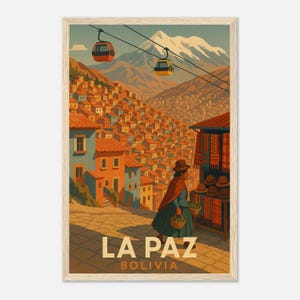La Paz Bolivia Vintage Travel Poster, Cable Cars and Andean Hillside Wall Art, Traditional Market Scene, Printable South America Decor