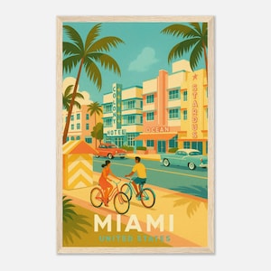 Affiche de voyage vintage Miami, Floride, impression d&#39;art mural art déco, Ocean Drive et illustration de vélos rétro, décoration imprimable USA