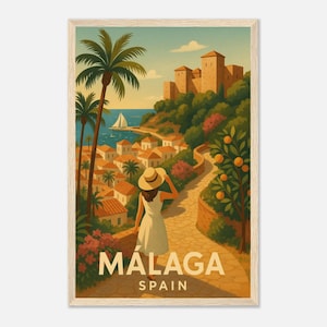 Malaga Travel Poster, Spain Wall Art, Mediterranean Coast Print, Vintage Style Digital Download, Spanish City Landscape for Home Decor