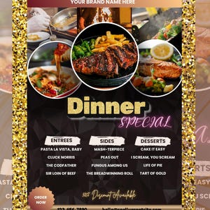 Editable Restaurant Menu Flyer: Dinner Specials, Sunday Food Deals, Business Menu Template (Canva PDF)