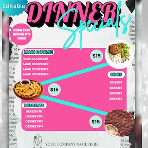 Dinner Specials Flyer Canva Editable Menu Template, Dinner Menu Deals Flyer, Restaurant Food Menu Business Flyer,Dinner Sale Flyer,DIY Flyer