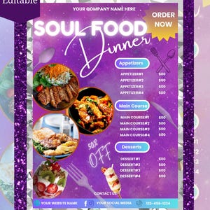 Canva Editable Soul Food Flyer Template,Dinner Menu Deals Flyer, Soul Food Sunday Deal Special DIY Flyer,Food Menu business Flyer,Sale Flyer