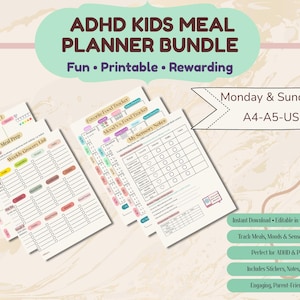 ADHD Meal Planning Bundle for kids, Printable & Editable Weekly Food vs Mood Tracker, Grocery List, Batch Cooking Meal Prep and Sensory Note