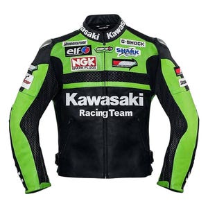 Kawasaki motorcycle Leather Jacket with CE Approved Protector Level 2