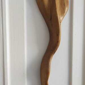 Puede incluir: Una pieza decorativa de madera tallada a mano, con una forma curva y orgánica. Se aprecia la veta de la madera de color marrón claro, y la pieza está montada sobre una superficie blanca. El diseño recuerda a una hoja o pétalo estilizado.