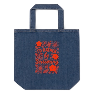 Lesbian scissoring tote bag, cheeky queer denim bag with floral print, wlw pride gift, sapphic lgbt accessory, bold lgbtq+ humour