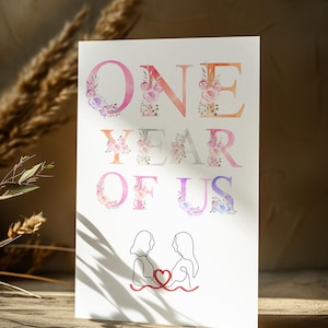 Lesbian anniversary card, lesbian anniversary gift card for girlfriend or wife, sapphic WLW queer card with lesbian flag colours and flowers