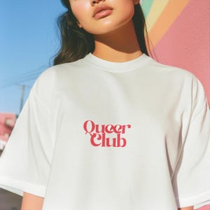 Oversized t-shirt for queer pride, &#39;Queer Club&#39; genderless pride tee shirt , WLW sapphic nonbinary bi ace gay trans aroace fashion