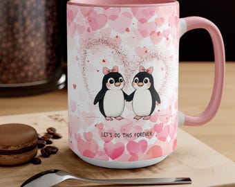 Lesbian Couple Mug Gift for anniversary, valentines same sex LGBTQ queer WLW couple romantic cup with hearts and penguins, love quote design