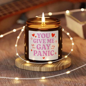May include: A lit candle in a brown glass jar with a gold lid. The label reads "YOU GIVE ME GAY PANIC" in pink and white text with red heart and star accents. The candle sits on a wooden coaster, surrounded by string lights.