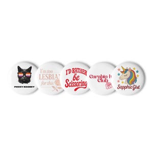 Set of 5 Lesbian Sapphic Button Pins for Queer Pride, WLW Bi Pride Badge Pack, LGBT LGBTQ+ Accessories & Gifts