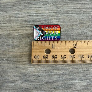 May include: A rectangular pin with the text "BIG FAN OF HUMAN RIGHTS" in white letters. The pin features a rainbow flag design and a transgender pride flag. A wooden ruler is next to the pin.