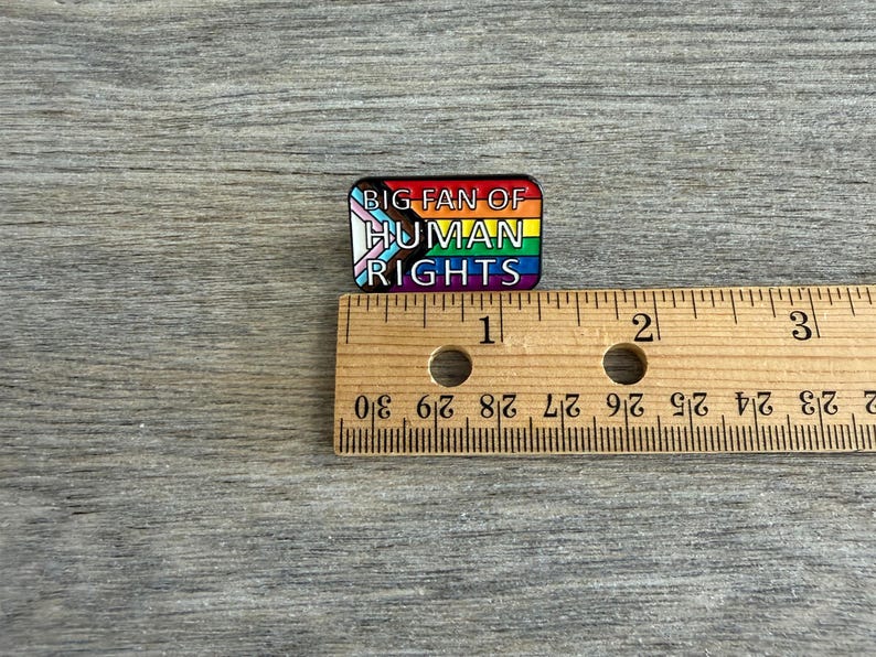 May include: A rectangular pin with the text "BIG FAN OF HUMAN RIGHTS" in white letters. The pin features a rainbow flag design and a transgender pride flag. A wooden ruler is next to the pin.