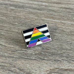 May include: A rectangular enamel pin with a silver border. The pin features a black and white striped background with a rainbow triangle in the center. The triangle is composed of red, orange, yellow, green, blue, and purple segments.