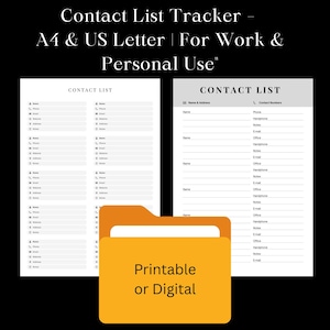 Printable Contact List Tracker, Editable PDF, A4 and US Letter, Work Contact List and Personal Organizer
