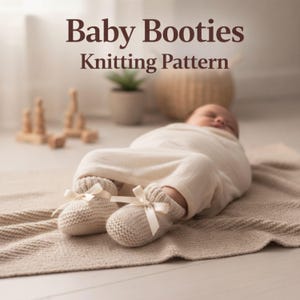 May include: A pair of beige knitted baby booties with cream-colored bows, resting on a beige blanket. The image also features a sleeping baby wrapped in a cream-colored blanket. The text "Baby Booties Knitting Pattern" is displayed at the top.
