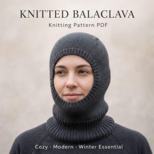 May include: A knitted gray balaclava, with the text "KNITTED BALACLAVA" and "Knitting Pattern PDF". The balaclava covers the head and neck, with an opening for the face. The text "Cozy • Modern • Winter Essential" is also visible.