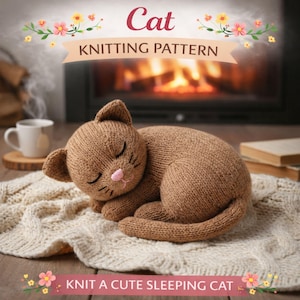May include: A knitted brown cat toy with closed eyes and a pink nose rests on a cream blanket. The image includes text that reads "Cat Knitting Pattern" and "Knit a Cute Sleeping Cat."