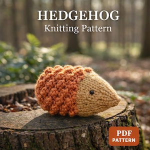 May include: A handmade knitted hedgehog toy with a tan face and a brown back, displayed on a tree stump. The image includes the text "HEDGEHOG Knitting Pattern" and "PDF PATTERN". The background is a blurred woodland scene.