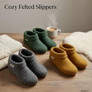 May include: Cozy felted slippers in gray, green, and mustard yellow are displayed on a wooden surface. The slippers have a rolled-down cuff design. A cup of coffee and a folded cream-colored blanket are also visible. The text "Cozy Felted Slippers" is at the top.