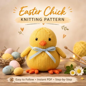 May include: A knitted yellow Easter chick with a blue ribbon, orange beak and feet, and black eyes. The image includes a nest with painted eggs, knitting needles, and the text "Easter Chick Knitting Pattern".