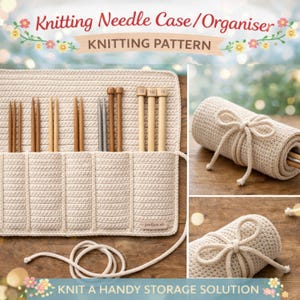 Puede incluir: Estuche/organizador de agujas de tejer de punto beige con múltiples bolsillos que contienen varias agujas de tejer de madera y metal. El estuche está enrollado y atado con un cordón a juego. El texto de la imagen dice "Knitting Needle Case/Organiser".