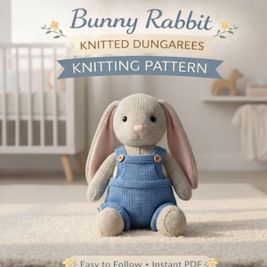 Puede incluir: Un conejo de punto con un peto azul. El conejo tiene orejas largas con el interior rosa, una nariz rosa y detalles de botones en el peto. El texto "Bunny Rabbit KNITTED DUNGAREES KNITTING PATTERN" se muestra encima del conejo.